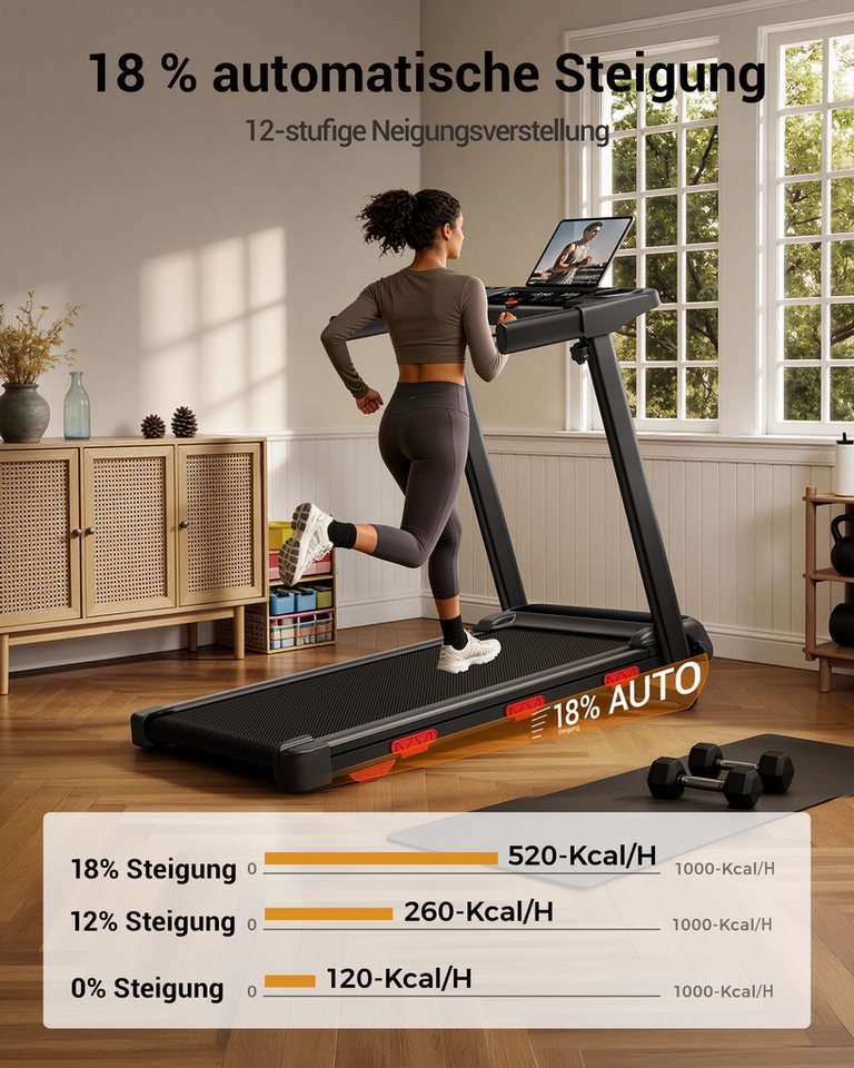 LONTEK Laufband für Zuhause mit Steigung AUTO 18%, 12KM/H Laufband für Zuhause (1-tlg), mit Tastenbedienung, MAX 160KG Bild 5