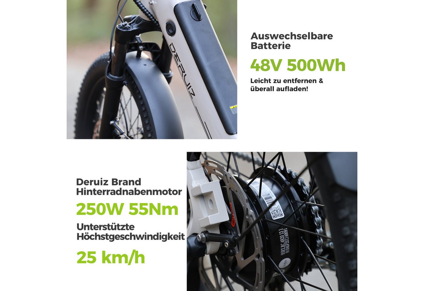 DERUIZ E-Bike Klapprad Peridot 20 × 3 Zoll, bis 143 km, Bluetooth und App, 8 Gang SHIMANO SHIMANO ALTUS 11-32T Schaltwerk, Kettenschaltung, Heckmotor, 500 Wh, (mit Akku-Ladegerät mit Werkzeug), Federsattelstütze