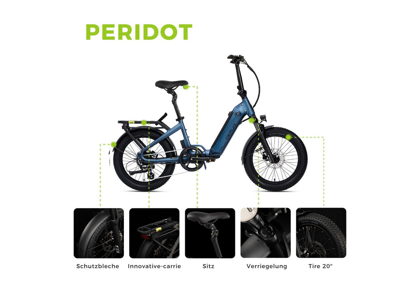 DERUIZ E-Bike Klapprad Peridot 20 × 3 Zoll, bis 143 km, Bluetooth und App, 8 Gang SHIMANO SHIMANO ALTUS 11-32T Schaltwerk, Kettenschaltung, Heckmotor, 500 Wh, (mit Akku-Ladegerät mit Werkzeug), Federsattelstütze Bild 3