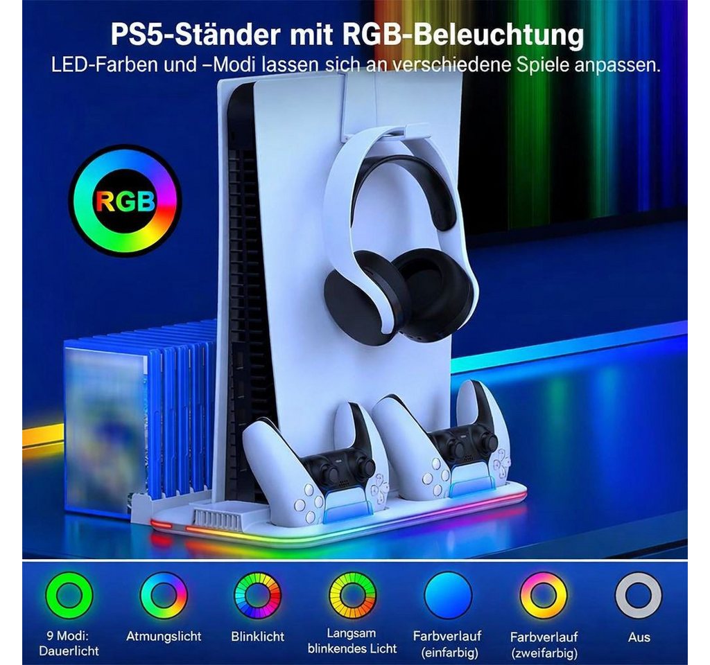 BBG PS5-Kühlständer für PS5, PS5 Slim und PS5 Pro,Disc und Digital Edition Ladestation (3-stufige Lüftersteuerung, 2 Controller-Ladeplätze, RGB-Beleuchtung, 15 Spiele-Disc-Steckplätze, Headset-Halterung)