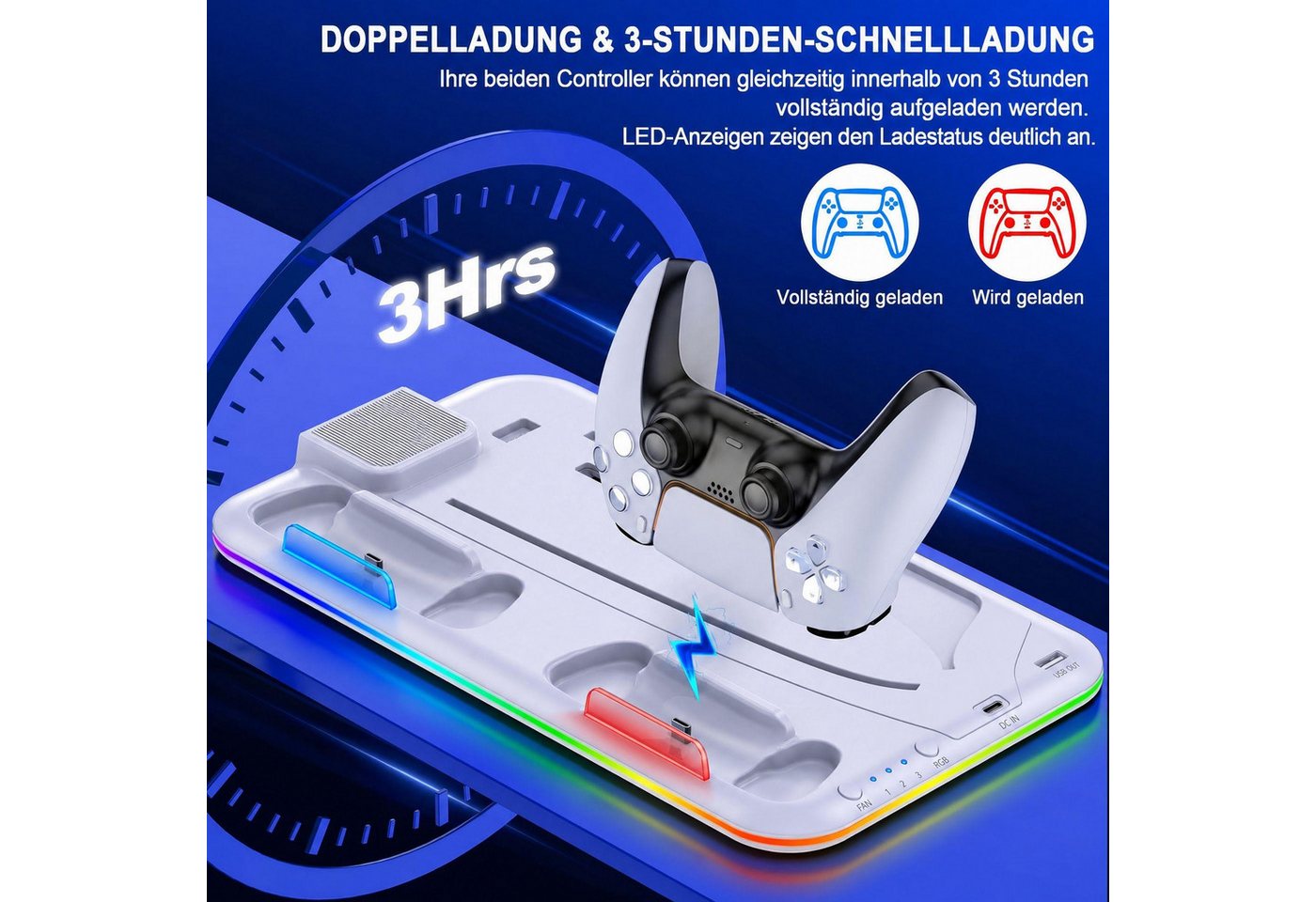 BBG PS5-Kühlständer für PS5, PS5 Slim und PS5 Pro,Disc und Digital Edition Ladestation (3-stufige Lüftersteuerung, 2 Controller-Ladeplätze, RGB-Beleuchtung, 15 Spiele-Disc-Steckplätze, Headset-Halterung) Bild 2