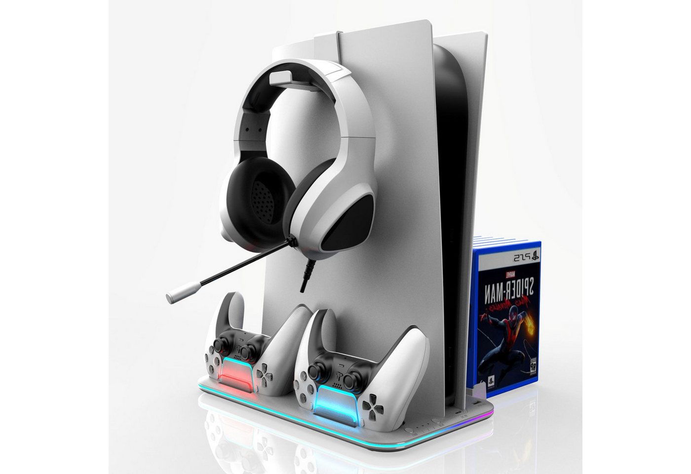BBG PS5-Kühlständer für PS5, PS5 Slim und PS5 Pro,Disc und Digital Edition Ladestation (3-stufige Lüftersteuerung, 2 Controller-Ladeplätze, RGB-Beleuchtung, 15 Spiele-Disc-Steckplätze, Headset-Halterung) Bild 3
