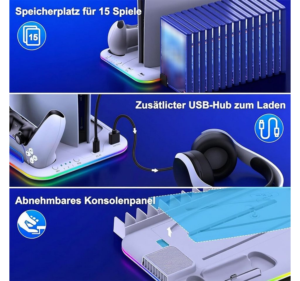 BBG PS5-Kühlständer für PS5, PS5 Slim und PS5 Pro,Disc und Digital Edition Ladestation (3-stufige Lüftersteuerung, 2 Controller-Ladeplätze, RGB-Beleuchtung, 15 Spiele-Disc-Steckplätze, Headset-Halterung) Bild 5