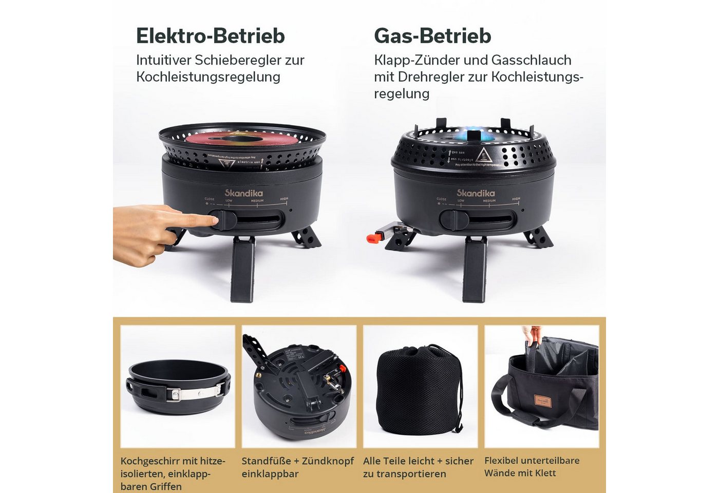 Skandika Gaskocher Campingkocher Hybrid Rask Set, mit Geschirr, Topf und Pfanne, (Alle Teile platzsparend ineinander stapelbar, Tragetasche), 2 in 1 Betrieb mit Strom oder Gas, Set mit Unterlage & Tasche Bild 2