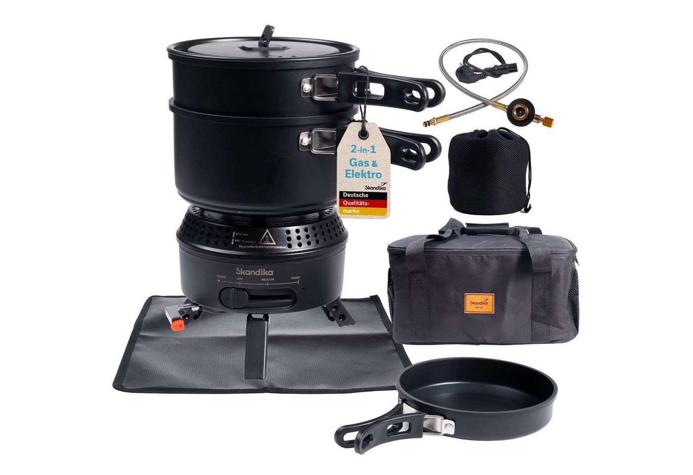 Skandika Gaskocher Campingkocher Hybrid Rask Set, mit Geschirr, Topf und Pfanne, (Alle Teile platzsparend ineinander stapelbar, Tragetasche), 2 in 1 Betrieb mit Strom oder Gas, Set mit Unterlage & Tasche Bild 3
