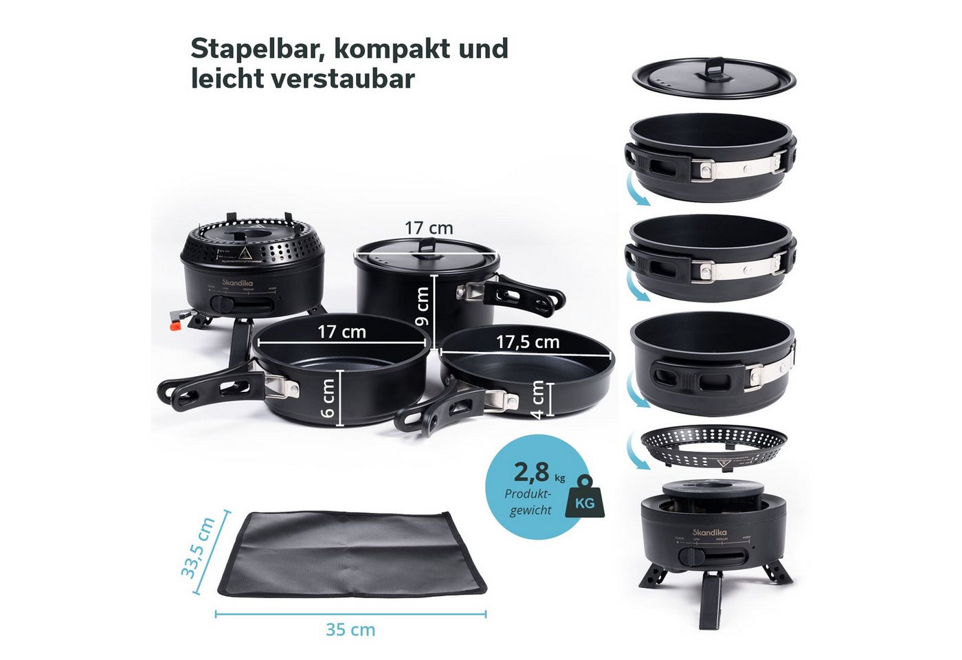 Skandika Gaskocher Campingkocher Hybrid Rask Set, mit Geschirr, Topf und Pfanne, (Alle Teile platzsparend ineinander stapelbar, Tragetasche), 2 in 1 Betrieb mit Strom oder Gas, Set mit Unterlage & Tasche Bild 4