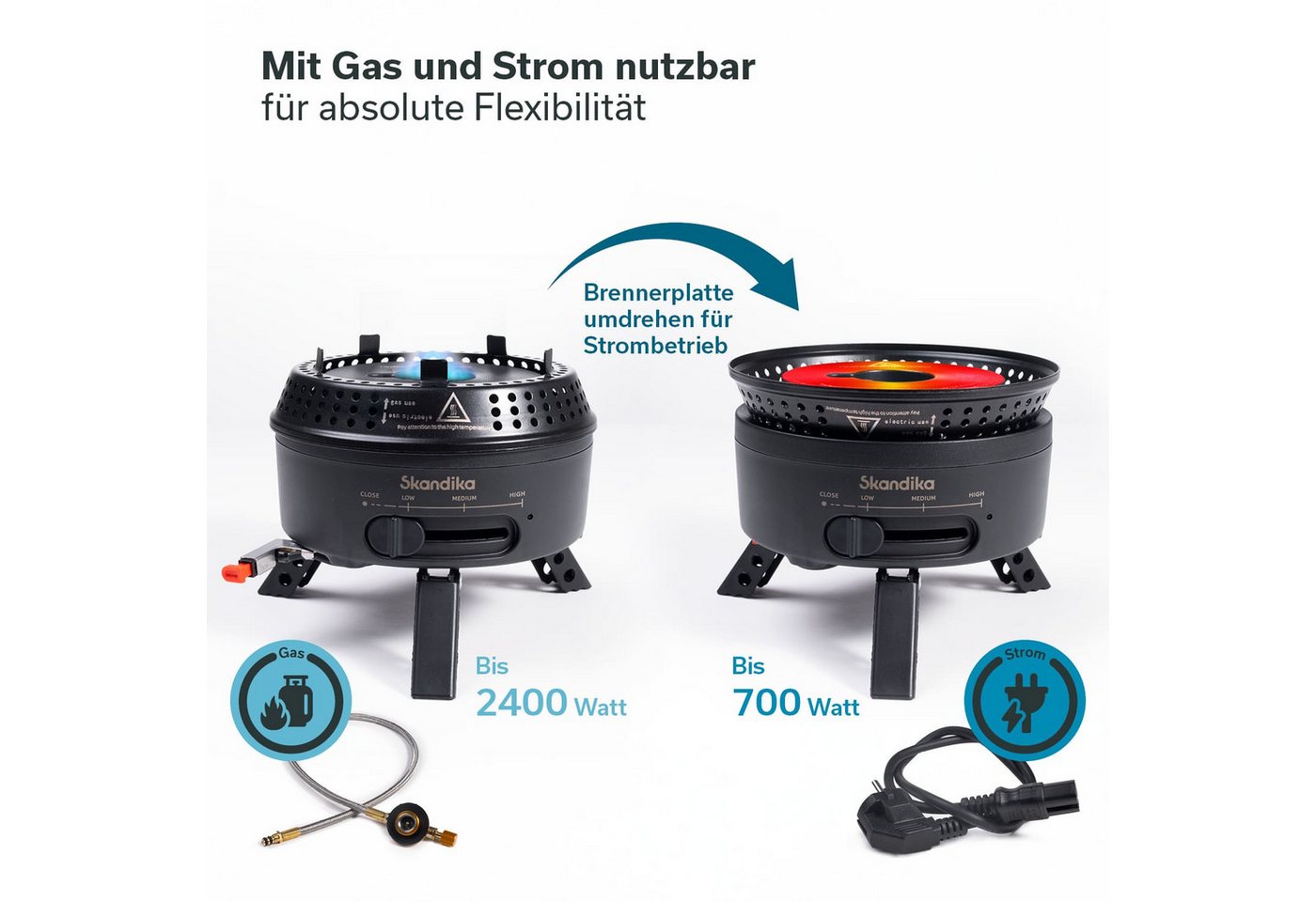 Skandika Gaskocher Campingkocher Hybrid Rask Set, mit Geschirr, Topf und Pfanne, (Alle Teile platzsparend ineinander stapelbar, Tragetasche), 2 in 1 Betrieb mit Strom oder Gas, Set mit Unterlage & Tasche Bild 5
