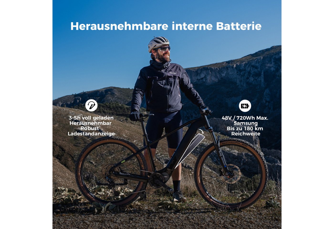 DERUIZ E-Bike Mountainbike 29 Zoll, 110Nm Mittelmotor, 48V 720 Wh, 180km, Bluetooth + APP, 11 Gang SHIMANO CUES ASLU6000T1R Schaltwerk, Kettenschaltung, Mittelmotor, 720 Wh, (Trittfrequenz- und Drehmomentsensor, Für Damen und Herren), Aluminiumrahmen, Lockout-Federgabel mit 120mm Federweg, Elektrofahrrad Bild 2