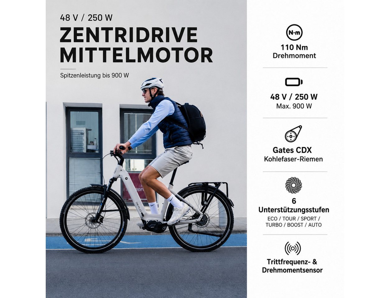 DERUIZ E-Bike Cityrad 29 Zoll, 110Nm, 48V 720Wh, 180km, Riemenantrieb, Bluetooth+APP, Nabenschaltung, Mittelmotor, 720 Wh, (Trittfrequenz- und Drehmomentsensor, Lockout-Federgabel, Tiefeinsteiger), Routenaufzeichnung, 120Lux Licht, Elektrofahrrad bis zu 180 kg