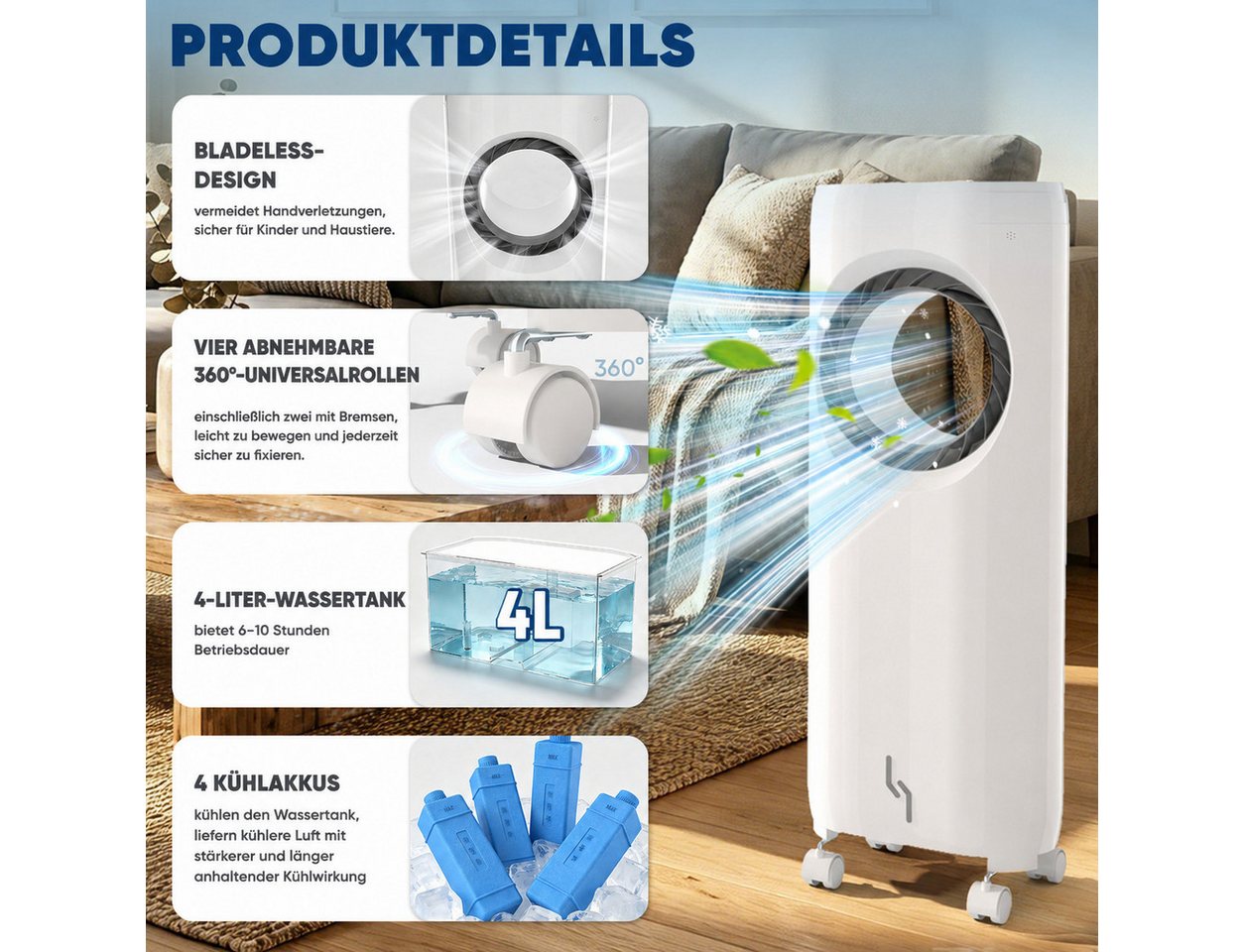 LOINTAIN Turmventilator 4-in-1 Turmkühlventilator ohne Flügel,Standventilator