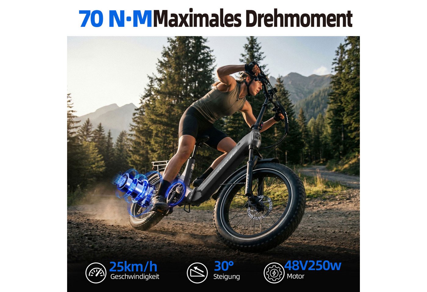 TTGO E-Bike Klapprad 20 Zoll, Fully, Vollfederung, 70Nm, 3,0'' Fatbike, Lockout-Federgabel, 7 Gang SHIMANO, Kettenschaltung, Heckmotor, 720 Wh, (Softtail, hydr. Scheibenbremse, mit Bremslicht), 120km, Drehmomentsensor, max.150kg, Elektrofahrrad für Damen Herren Bild 4