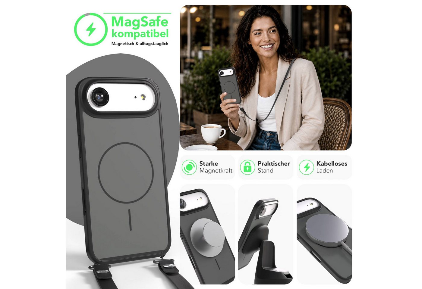 EAZY CASE Handykette Outdoor Case Thin MagSafe mit Band für Apple iPhone Air 6,5 Zoll, Outdoor Case mit Slim MagSafe Ring und Handykette in Schwarz Bild 3
