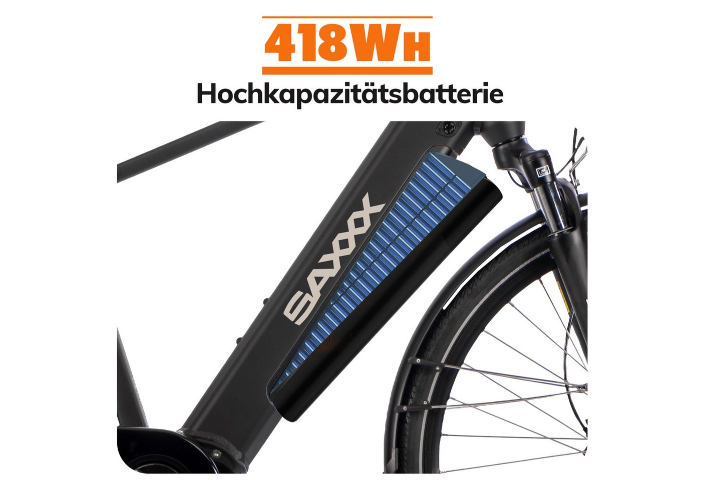 SAXXX E-Bike Cityrad 28 Zoll, 100km, 70Nm Mittelmotor, bis 130kg belastbar, 95% vormontiert, 9 Gang SHIMANO Alivio Schaltwerk, Kettenschaltung, Mittelmotor, 418 Wh, (Aluminium-Diamantrahmen, SR Federgabel, 5 Stufen mit Schiebehilfe), hydr. Bremsen, Pedelec, RH: 45/50 cm, Elektrofahrrad für Damen Herren