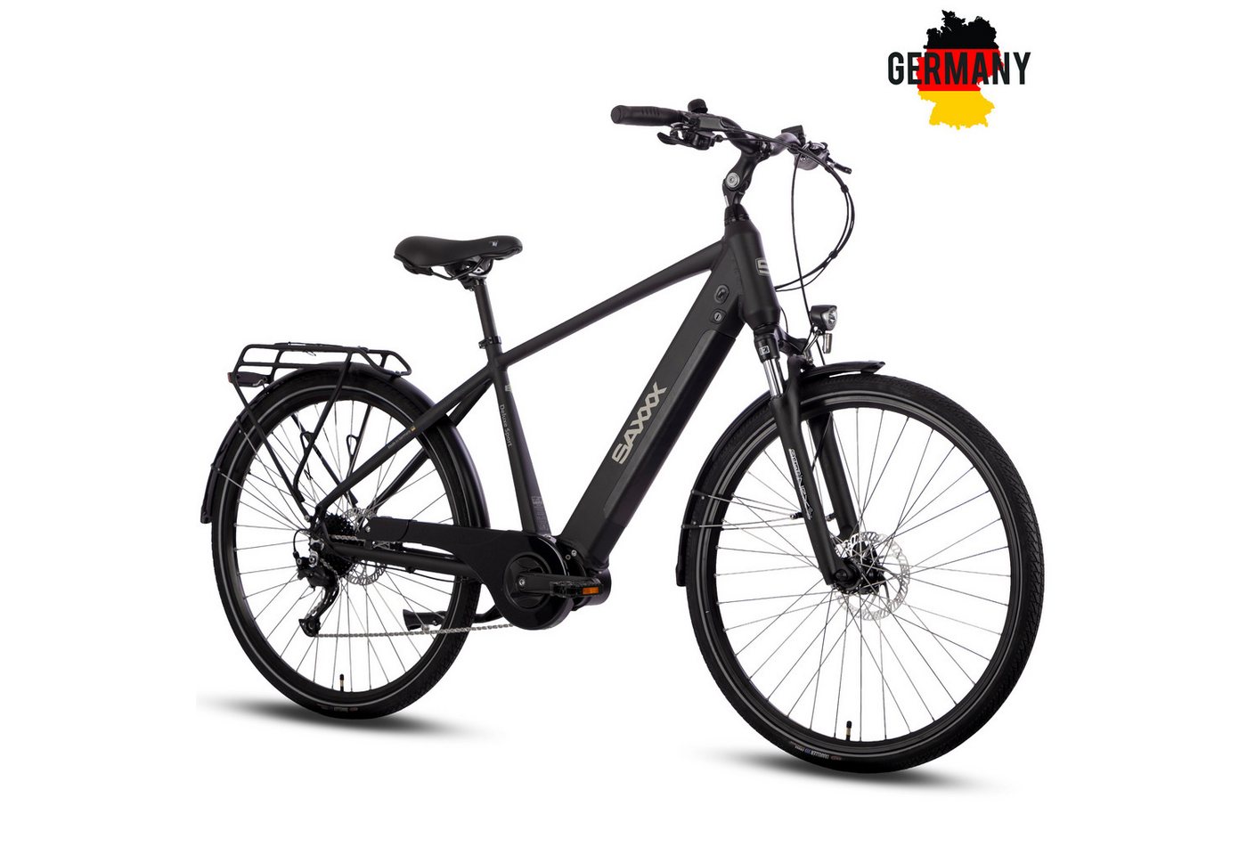 SAXXX E-Bike Cityrad 28 Zoll, 100km, 70Nm Mittelmotor, bis 130kg belastbar, 95% vormontiert, 9 Gang SHIMANO Alivio Schaltwerk, Kettenschaltung, Mittelmotor, 418 Wh, (Aluminium-Diamantrahmen, SR Federgabel, 5 Stufen mit Schiebehilfe), hydr. Bremsen, Pedelec, RH: 45/50 cm, Elektrofahrrad für Damen Herren Bild 5