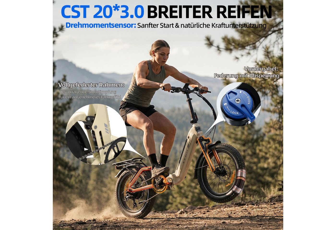 TTGO E-Bike Klapprad 20 Zoll, Vollfederung, 70Nm, Drehmomentsensor, Lockout-Federgabel, 7 Gang SHIMANO, Kettenschaltung, Heckmotor, 720 Wh, (hydr. Scheibenbremse, mit Bremslicht, Softtail), F7, Fully, 100-120km, max.150kg, Elektrofahrrad für Damen Herren Bild 2