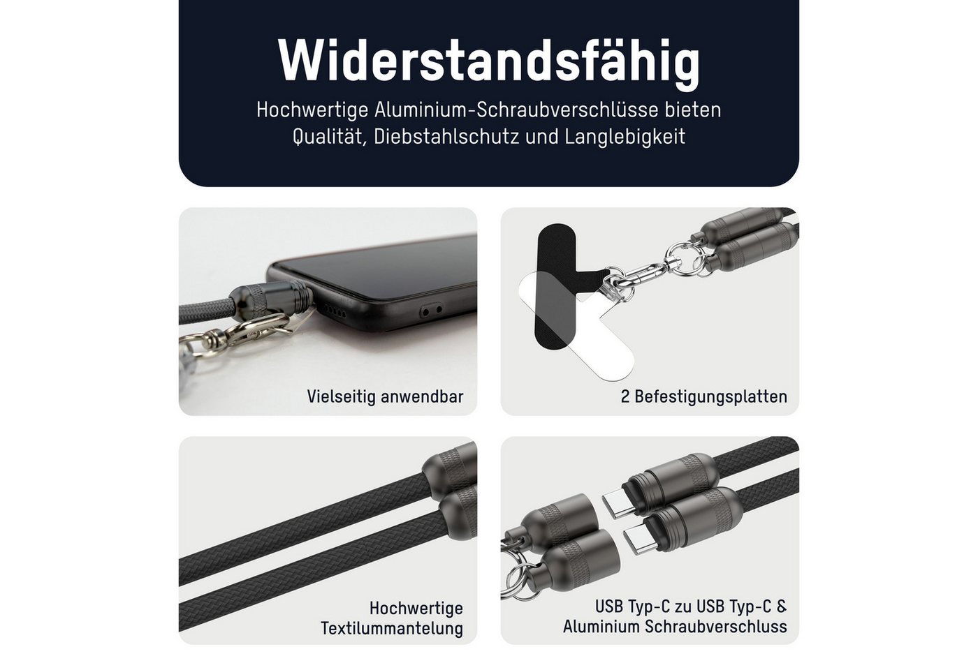 ANSMANN AG Handykette universal, Lanyard USB C Kabel, Handyband zum umhängen USB-Kabel
