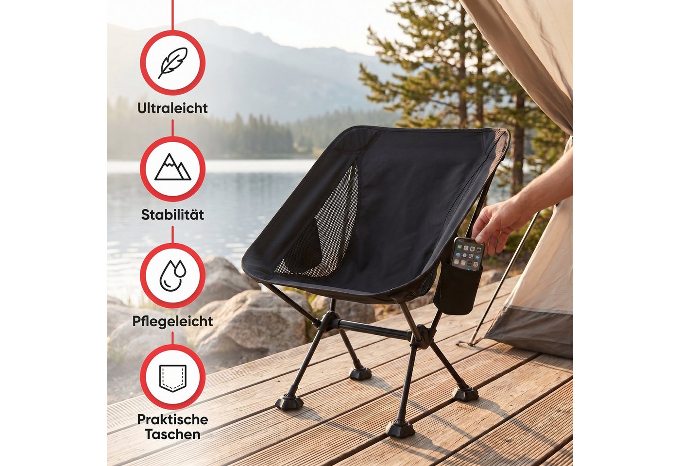 EVOCAMP Campingstuhl Gartenstuhl faltbar, bis 150 kg, klappbarer Anglerstuhl für Camping, mit Getränkehalter & Seitentasche