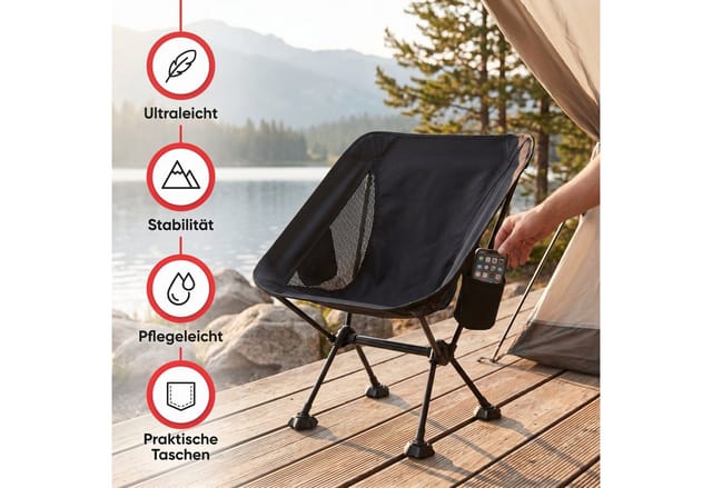 EVOCAMP Campingstuhl Gartenstuhl faltbar, bis 150 kg, klappbarer Anglerstuhl für Camping, mit Getränkehalter & Seitentasche