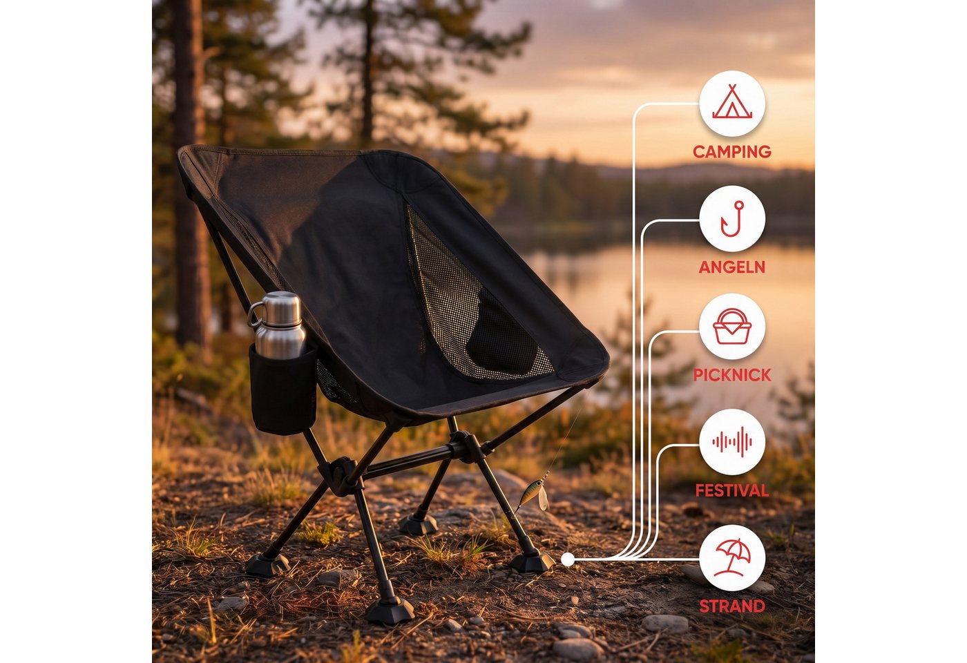 EVOCAMP Campingstuhl Gartenstuhl faltbar, bis 150 kg, klappbarer Anglerstuhl für Camping, mit Getränkehalter & Seitentasche Bild 3