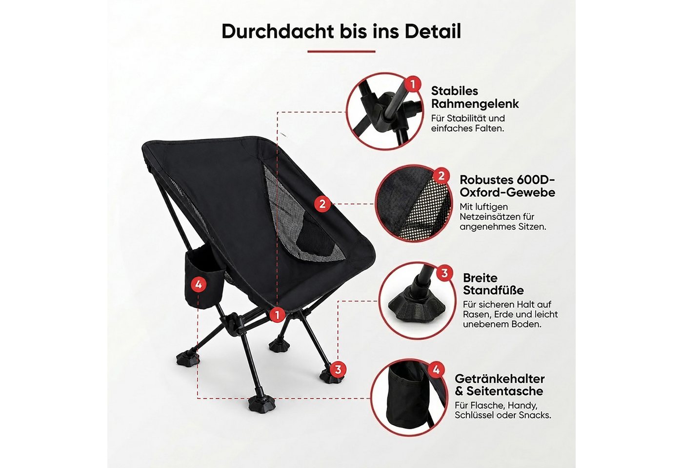 EVOCAMP Campingstuhl Gartenstuhl faltbar, bis 150 kg, klappbarer Anglerstuhl für Camping, mit Getränkehalter & Seitentasche Bild 5