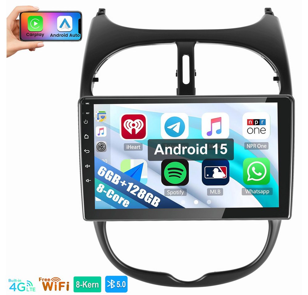 ESSGOO 8-Kern 6+128G Für PEUGEOT 206 206CC 206SW GPS BT 5.0 EQ Android 15 Autoradio (Digitalradio (DAB), RDS, FM, AM, Navi Carplay Android Auto BT EQ USB WIFI SWC) Bild 2