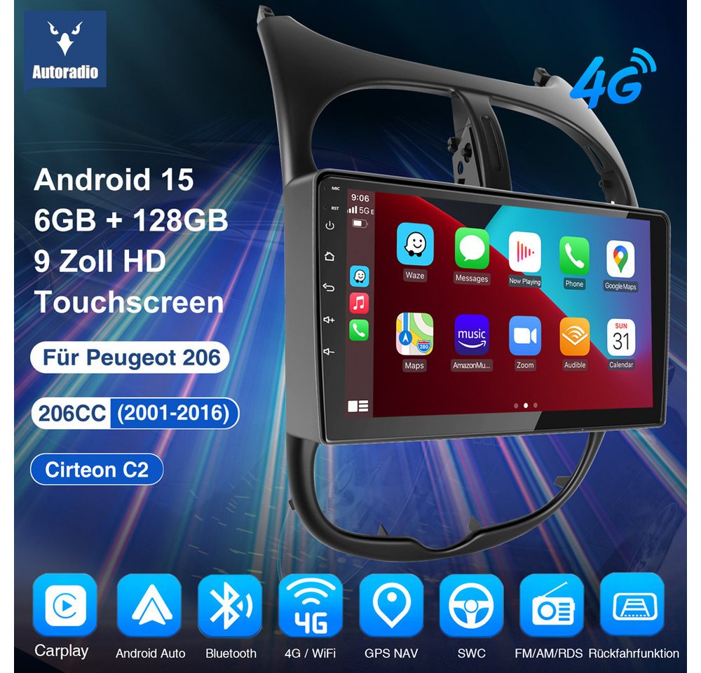 ESSGOO 8-Kern 6+128G Für PEUGEOT 206 206CC 206SW GPS BT 5.0 EQ Android 15 Autoradio (Digitalradio (DAB), RDS, FM, AM, Navi Carplay Android Auto BT EQ USB WIFI SWC) Bild 3
