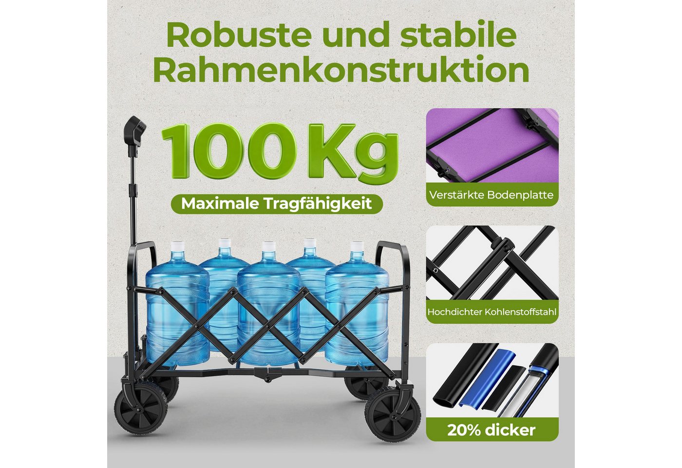 i@home Bollerwagen Mini Bollerwagen Faltbar Klein (Packung Set), 100KG Faltbarer mit Höhenverstellbarem Griff Bild 3