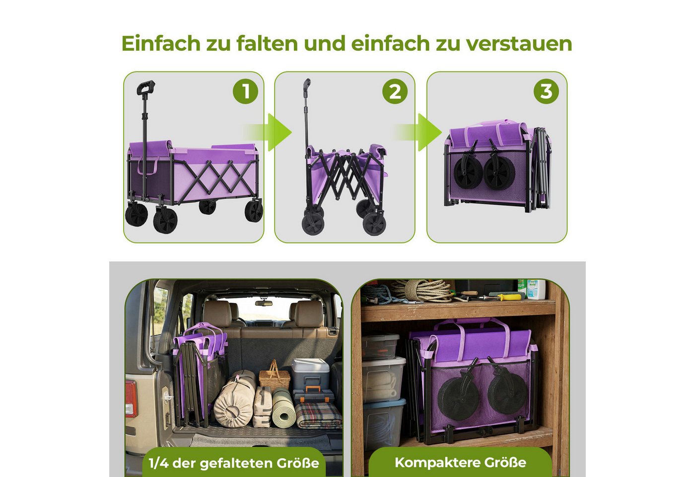 i@home Bollerwagen Mini Bollerwagen Faltbar Klein (Packung Set), 100KG Faltbarer mit Höhenverstellbarem Griff Bild 5