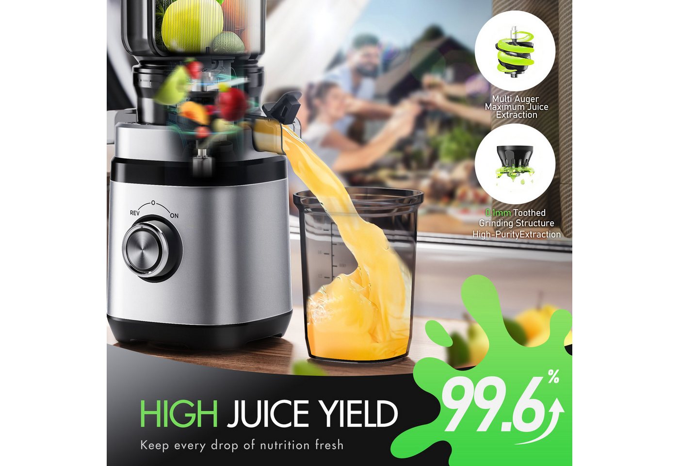 ibettertec Entsafter für Ganze Gemüse und Obst, 135 mm Breite und Größere Fütterungsröhre, 350 W, 1,8 L Füllvolumen, Leicht zu Reinigender Slow Juicer mit 2 Gläsern