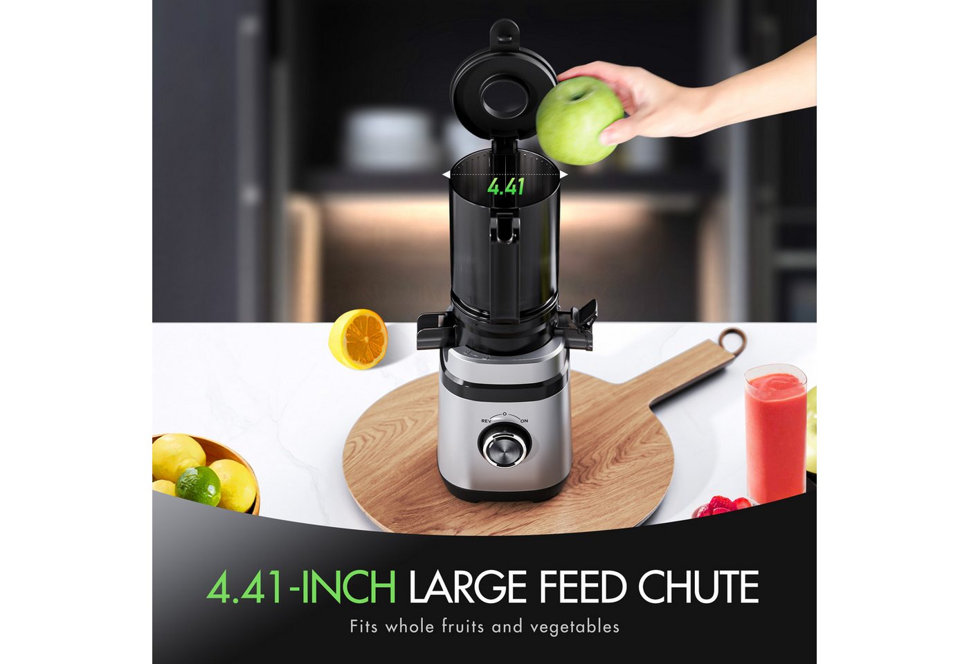 ibettertec Entsafter für Ganze Gemüse und Obst, 135 mm Breite und Größere Fütterungsröhre, 350 W, 1,8 L Füllvolumen, Leicht zu Reinigender Slow Juicer mit 2 Gläsern Bild 2