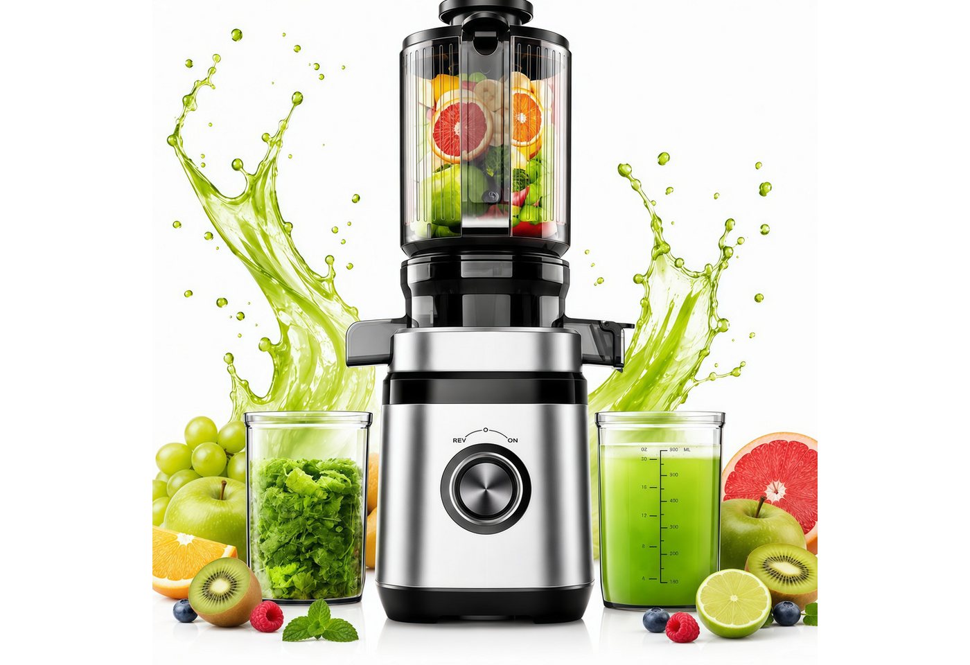 ibettertec Entsafter für Ganze Gemüse und Obst, 135 mm Breite und Größere Fütterungsröhre, 350 W, 1,8 L Füllvolumen, Leicht zu Reinigender Slow Juicer mit 2 Gläsern Bild 3
