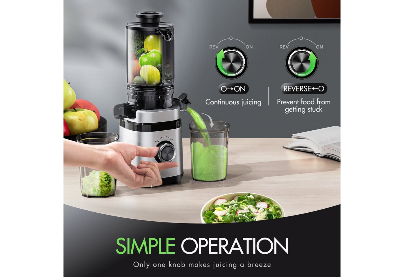 ibettertec Entsafter für Ganze Gemüse und Obst, 135 mm Breite und Größere Fütterungsröhre, 350 W, 1,8 L Füllvolumen, Leicht zu Reinigender Slow Juicer mit 2 Gläsern Bild 4