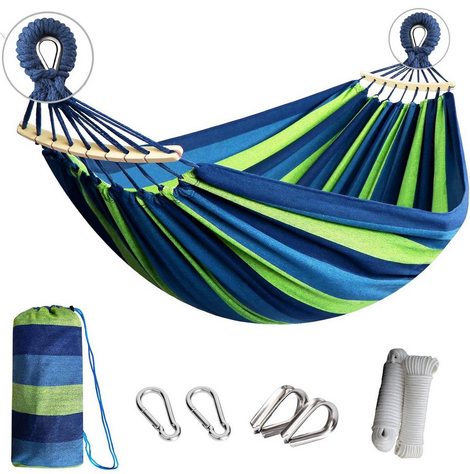 Fyrove Hängematte Hängematte Outdoor aus Baumwolle mit Gebogenen Holzstangen (Bequeme Stoffhängematte mit Aufhängung & Tragetasche, Robuste Reisehängematte für Garten, Balkon, Terrasse, Camping & Indoor)