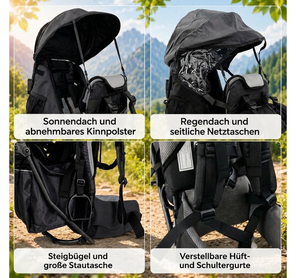 FASports Rückentrage Lil' Boss Kinderkraxe, Kindertrage (schwarz-grau, 1-tlg., Kinderrückentrage), Babytrage, 5-Punkt-Sicherungsgurt, Regen- und Sonnendach, Taschen