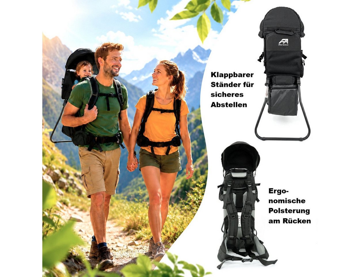 FASports Rückentrage Lil' Boss Kinderkraxe, Kindertrage (schwarz-grau, 1-tlg., Kinderrückentrage), Babytrage, 5-Punkt-Sicherungsgurt, Regen- und Sonnendach, Taschen Bild 3
