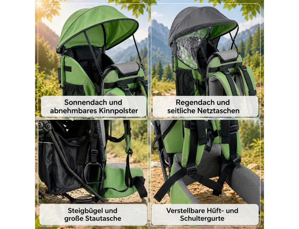 FASports Rückentrage Lil' Boss Kinderkraxe, Kindertrage (grün-grau, 1-tlg., Kinderrückentrage), Babytrage, 5-Punkt-Sicherungsgurt, Regen- und Sonnendach, Taschen Bild 4