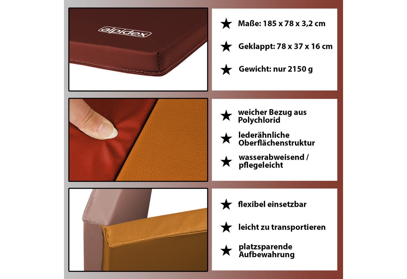 ALPIDEX Turnmatte ALPIDEX klappbare Turnmatte 185 x 78 x 3,2 cm RG 18 Bild 2