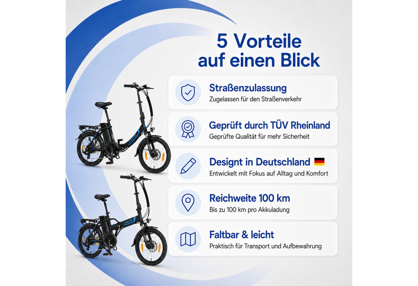 smartEC E-Bike Klapprad 20 Zoll E-Faltrad Camp-20D Pedelec Weiß smartEC, 7 Gang Shimano Tourney Schaltwerk, Kettenschaltung, Hinterrad-Nabenmotor, 562.00 Wh, (1 Paket, 6 tlg., Akku mit Ladegerät), Damen/Herren Unterstützung 25 km/h Anfahrhilfe Scheibenbremse StVZO