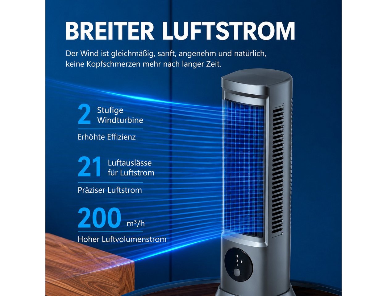 MOPUEA Turmventilator Turmventilator, Verstellbarer Tischventilator mit 3 Geschwindigkeiten, Kühlung, Leiser Betrieb, USB-C Tragbarer Flügelloser Ventilator Bild 4