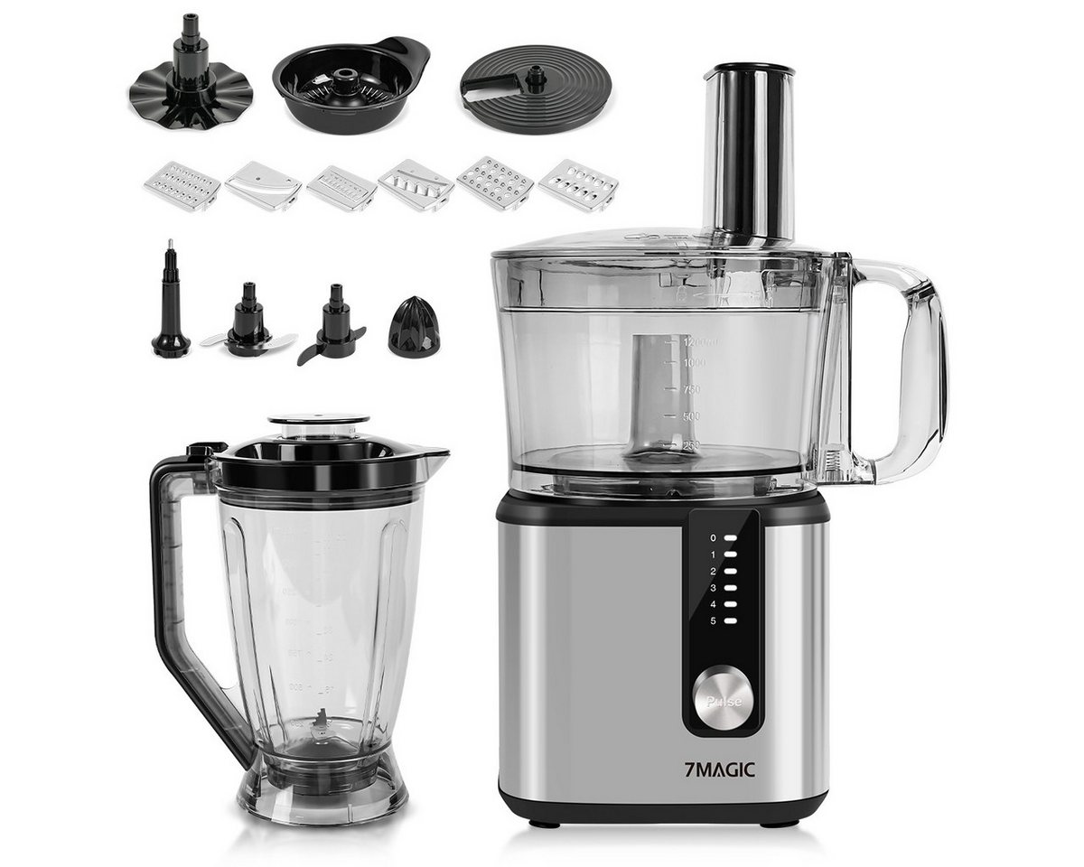 7MAGIC Küchenmaschine 9 in 1 Multifunktional Food Processor, Kompakt Küchenmaschine, 750 W, inkl. Zerkleinerer, 1,8L mixerbecher und weiteres Schneidzubehör