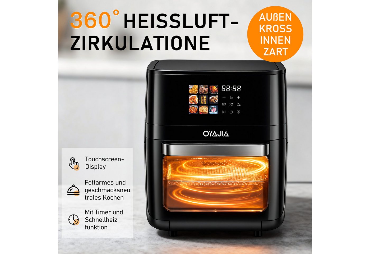 oyajia Heißluftfritteuse Multifunktionsofen 15L, Backofen Umluft, Grill, Dörrautomat, Air Fryer, 2000 W, XXL Fritteuse ohne Öl mit Zubehör für Pizza, Hähnchen, Pommes uvm.