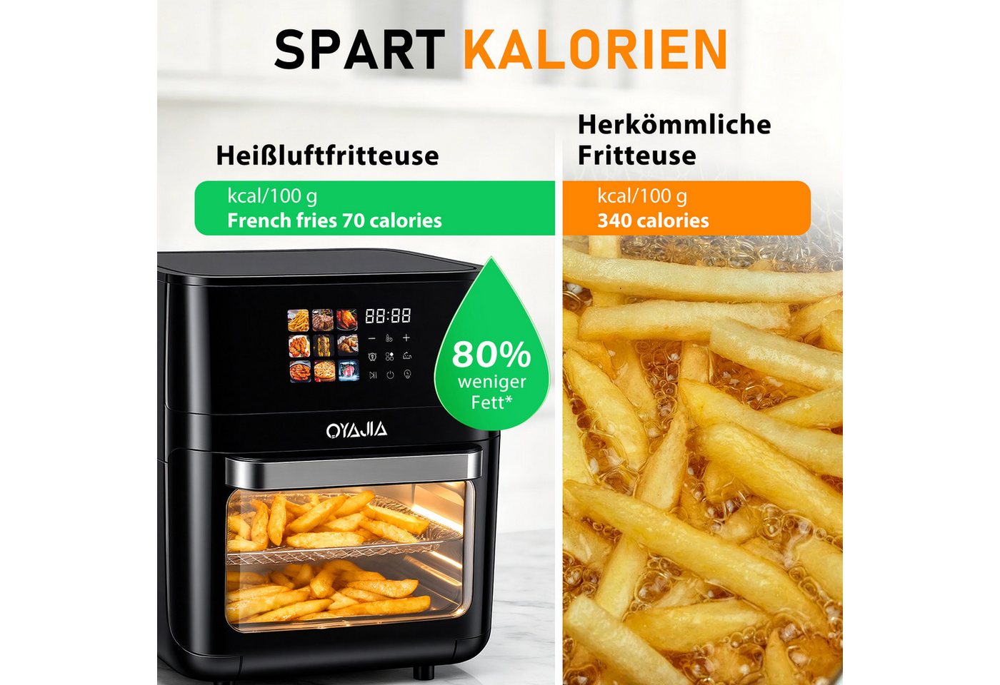 oyajia Heißluftfritteuse Multifunktionsofen 15L, Backofen Umluft, Grill, Dörrautomat, Air Fryer, 2000 W, XXL Fritteuse ohne Öl mit Zubehör für Pizza, Hähnchen, Pommes uvm. Bild 2