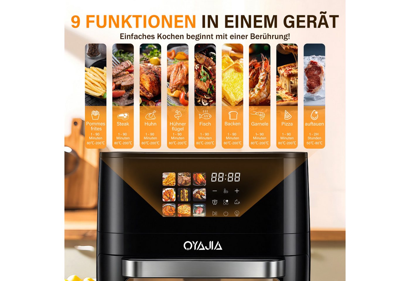 oyajia Heißluftfritteuse Multifunktionsofen 15L, Backofen Umluft, Grill, Dörrautomat, Air Fryer, 2000 W, XXL Fritteuse ohne Öl mit Zubehör für Pizza, Hähnchen, Pommes uvm. Bild 3