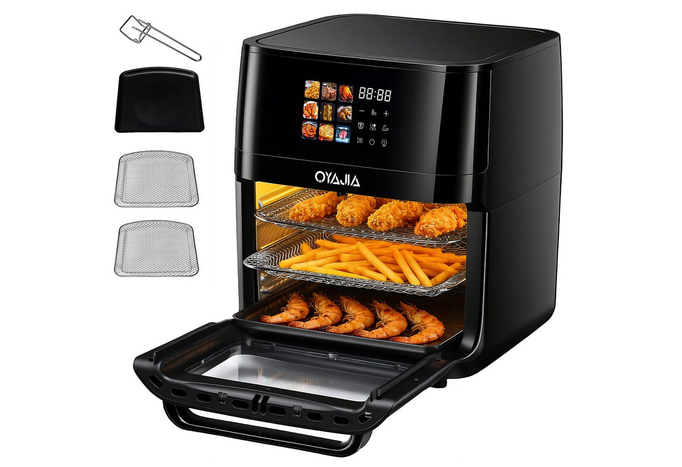 oyajia Heißluftfritteuse Multifunktionsofen 15L, Backofen Umluft, Grill, Dörrautomat, Air Fryer, 2000 W, XXL Fritteuse ohne Öl mit Zubehör für Pizza, Hähnchen, Pommes uvm. Bild 4