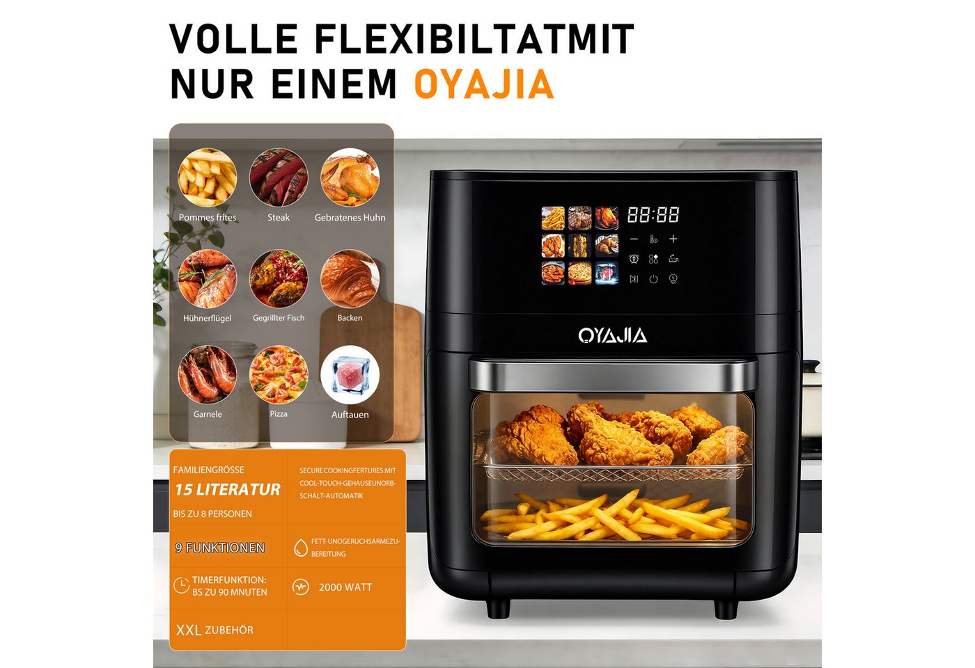 oyajia Heißluftfritteuse Multifunktionsofen 15L, Backofen Umluft, Grill, Dörrautomat, Air Fryer, 2000 W, XXL Fritteuse ohne Öl mit Zubehör für Pizza, Hähnchen, Pommes uvm. Bild 5