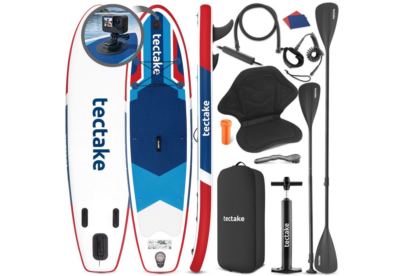 tectake SUP-Board Aufblasbares Paddle-Board mit Kamerahalterung, Kajak-Sitz, Stand-up Paddle, (Stand up Paddle Board Poseidon, in Rot/blau), Inkl. Zubehör, stabiles Komplettset bis 200 kg