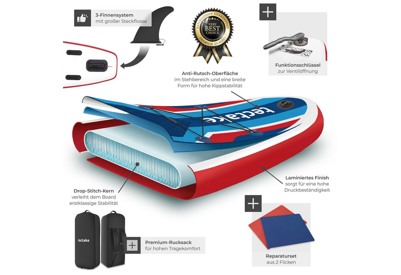 tectake SUP-Board Aufblasbares Paddle-Board mit Kamerahalterung, Kajak-Sitz, Stand-up Paddle, (Stand up Paddle Board Poseidon, in Rot/blau), Inkl. Zubehör, stabiles Komplettset bis 200 kg Bild 2