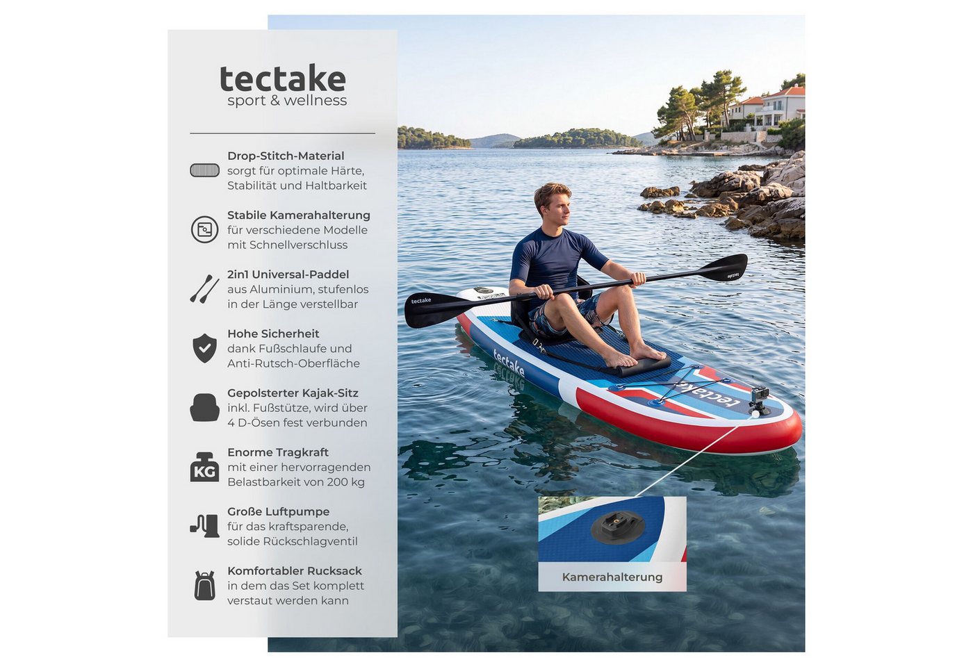 tectake SUP-Board Aufblasbares Paddle-Board mit Kamerahalterung, Kajak-Sitz, Stand-up Paddle, (Stand up Paddle Board Poseidon, in Rot/blau), Inkl. Zubehör, stabiles Komplettset bis 200 kg Bild 3