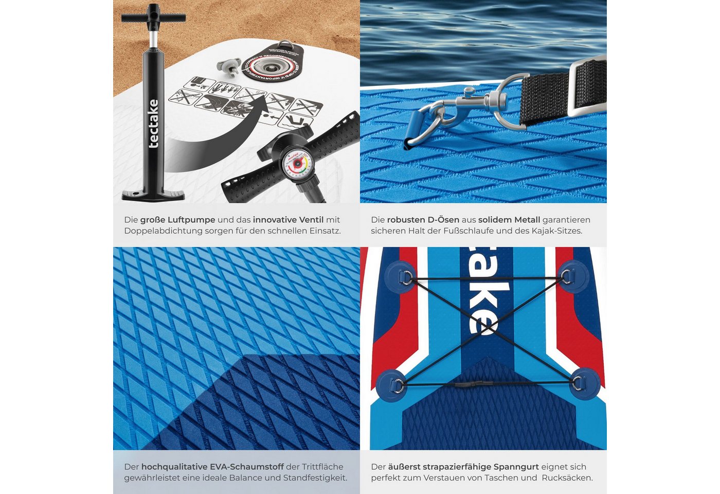 tectake SUP-Board Aufblasbares Paddle-Board mit Kamerahalterung, Kajak-Sitz, Stand-up Paddle, (Stand up Paddle Board Poseidon, in Rot/blau), Inkl. Zubehör, stabiles Komplettset bis 200 kg Bild 4