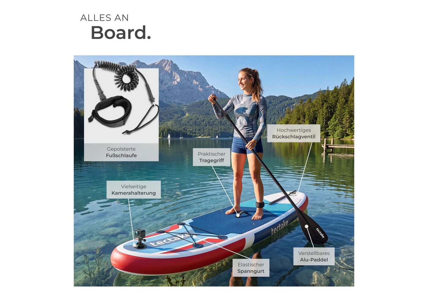 tectake SUP-Board Aufblasbares Paddle-Board mit Kamerahalterung, Kajak-Sitz, Stand-up Paddle, (Stand up Paddle Board Poseidon, in Rot/blau), Inkl. Zubehör, stabiles Komplettset bis 200 kg Bild 5